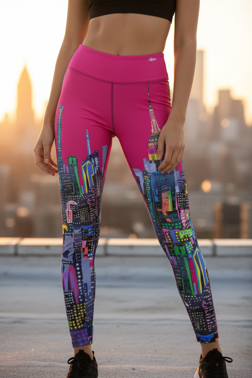 Person wearing pink Loria NYC Art leggings with colorful cityscape design in an urban setting.