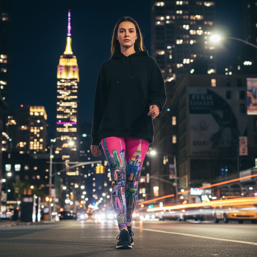 Person wearing colorful vibrant Loria NYC Art leggings walking on a city street at night with illuminated buildings in the background