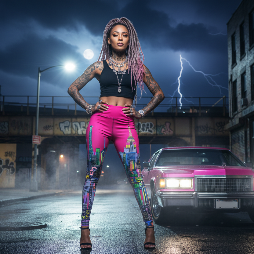 Woman in colorful Loria NYC Art leggings and black top standing in an urban street with a pink car and lightning in the background