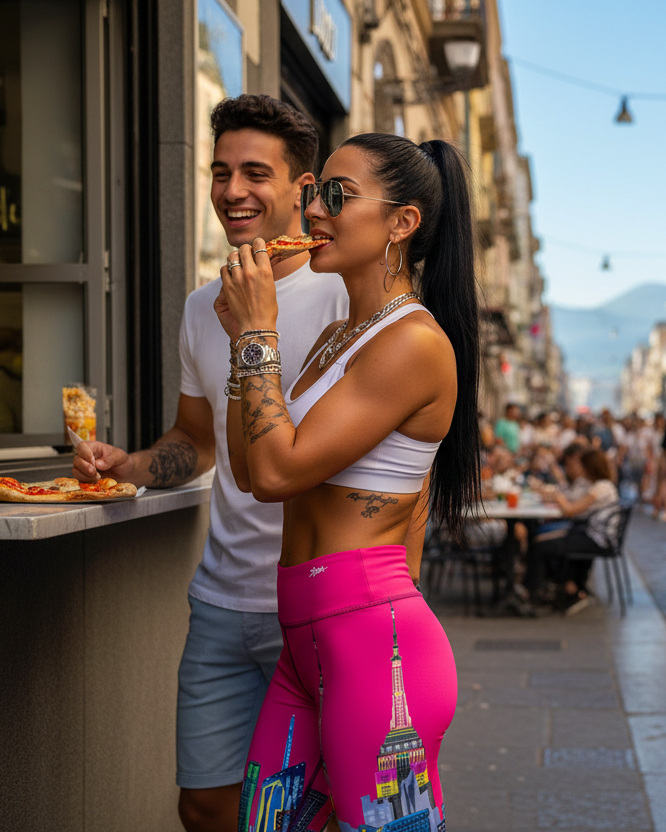 Two people enjoying pizza on a busy street in an urban setting with girl wearing vibrant fuchsia Loria NYC Art leggings