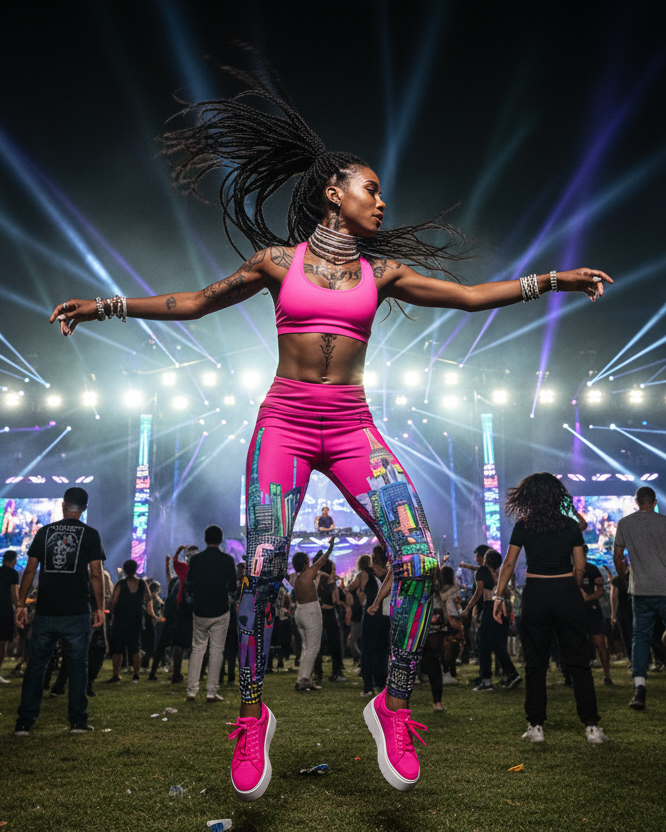 Woman in pink fuchsia Loria NYC Art leggings outfit dancing at a concert with bright lights and crowd in the background