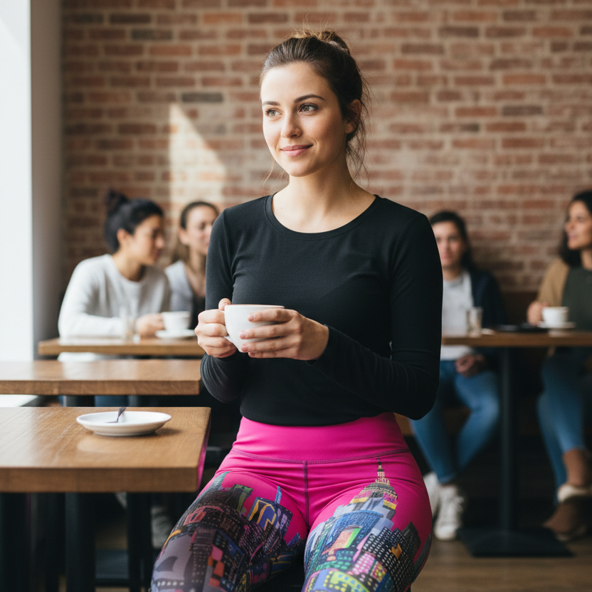Woman wearing vibrant colored Loria NYC Art leggings holding a cup in a cafe with other patrons in the background