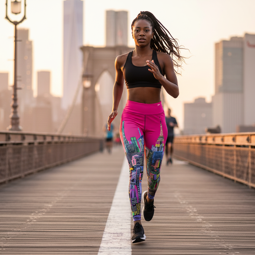 Woman running on a bridge wearing fuchsia city skyline Loria NYC Art designed leggings at a sunset background