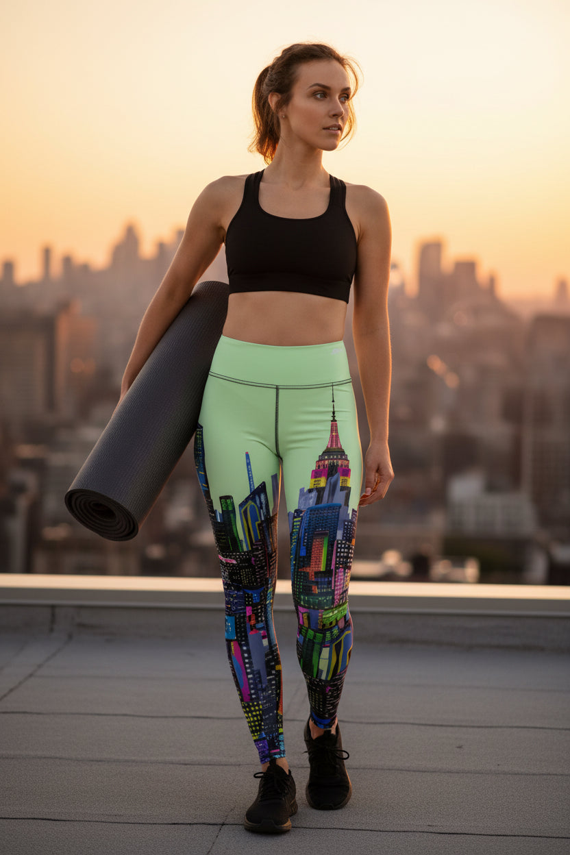 Woman holding a yoga mat wearing colorful leggings with a Loria NYC Art cityscape design.
