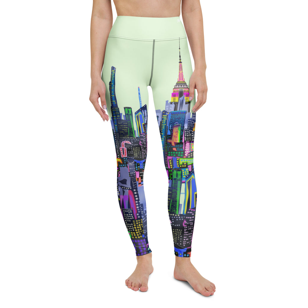 Leggings with colorful cityscape Loria NYC Art design worn by a person on a white background