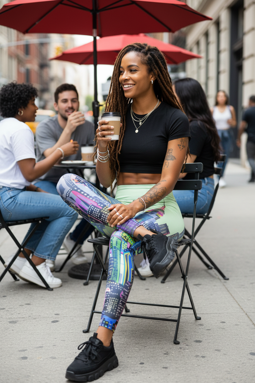Woman wearing a Loria NYC Art leggings sitting outdoors with a red umbrella, holding a drink, surrounded by people.