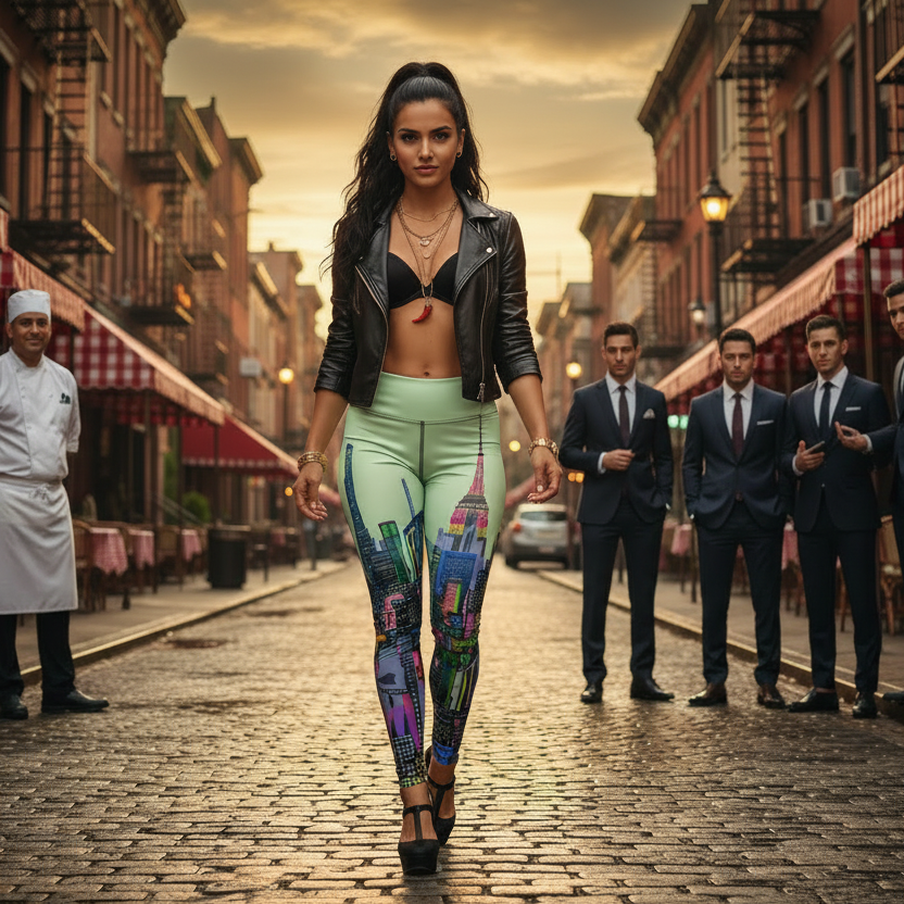 Woman wearing Loria NYC Art leggings while walking on a street with waiters in formal attire in the background
