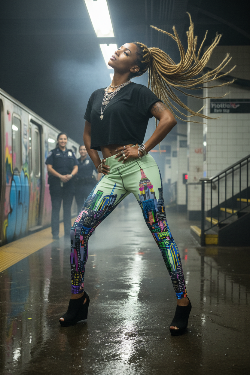 Woman in colorful Loria NYC Art leggings standing on a subway platform with a train in the background