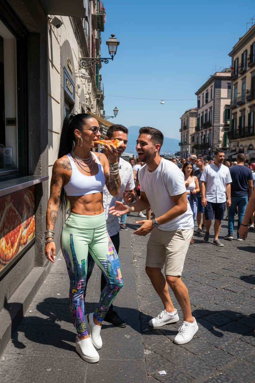 Women wearing Loria NYC Art leggings enjoying pizza on a street in an urban setting