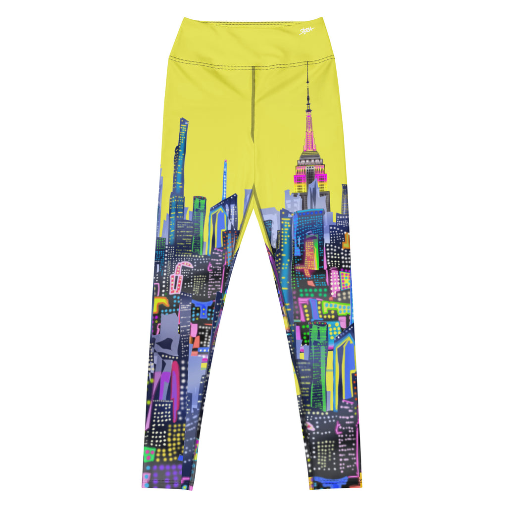 Front of  Leggings with Loria NYC Art cityscape design on a yellow background