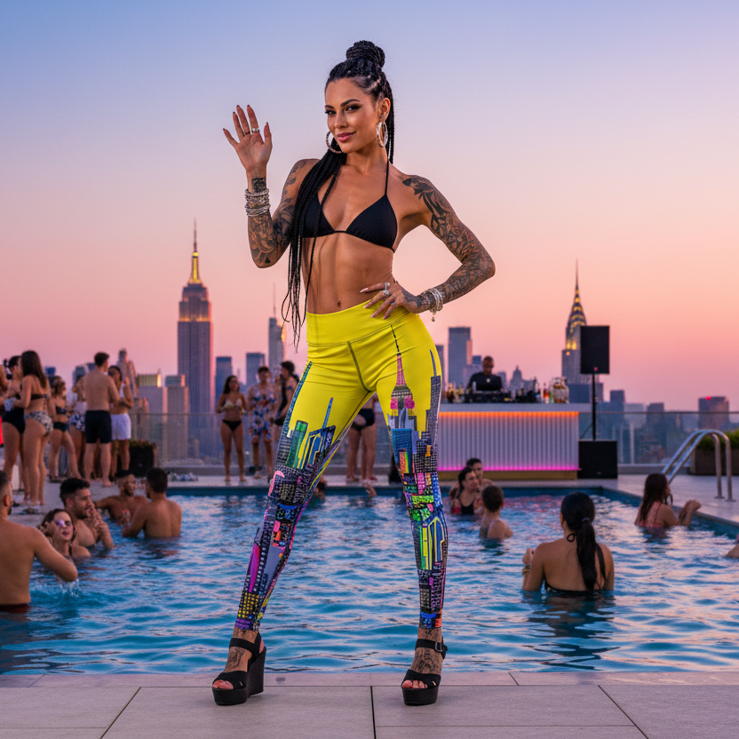 Woman in colorful Loria NYC Art leggings and black bikini top standing by a pool with city skyline in the background