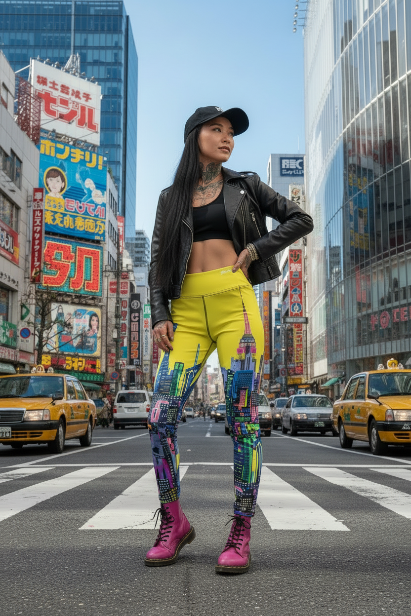 Person in colorful Loria NYC Art outfit standing on a city street with urban background