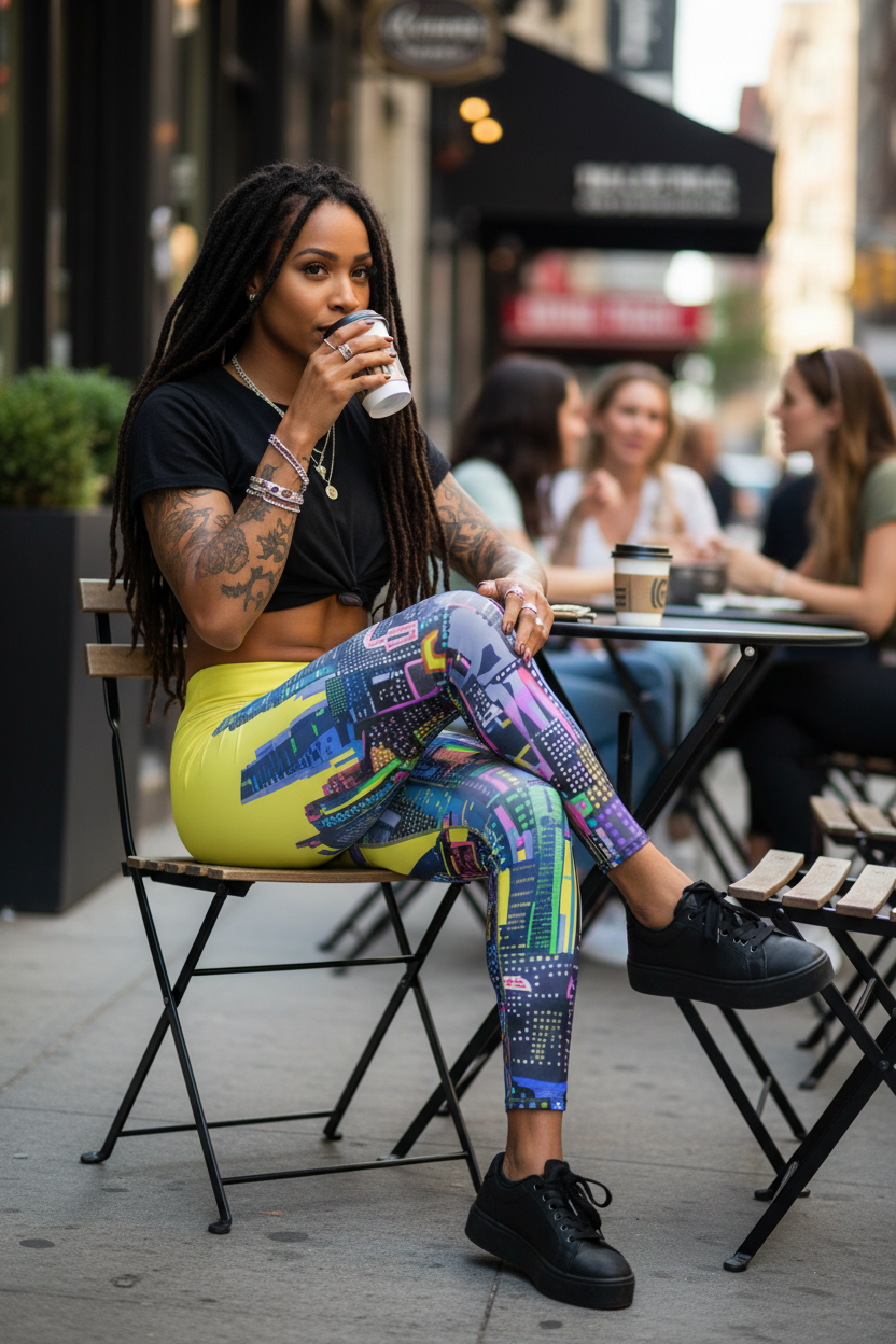 Woman sitting at an outdoor cafe table sipping a drink, wearing Loria NYC Art colorful leggings and black shoes.