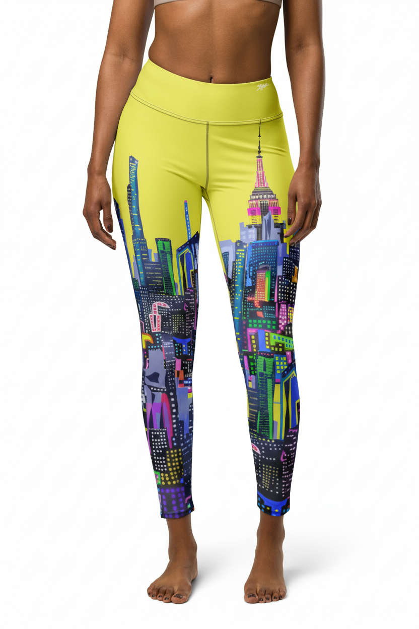 Yellow colorful Loria NYC Art on leggings with white background 