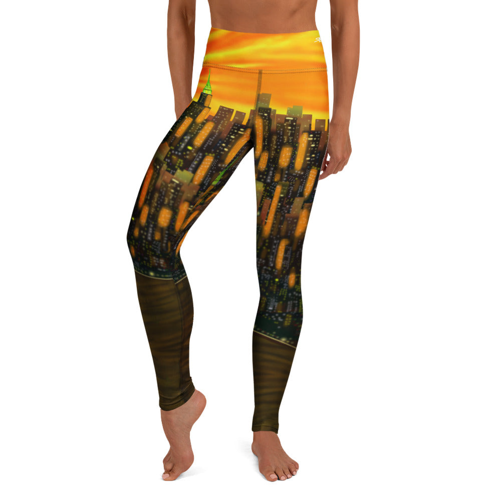 Front image of Leggings with Loria NYC Art a cityscape design on a white background
