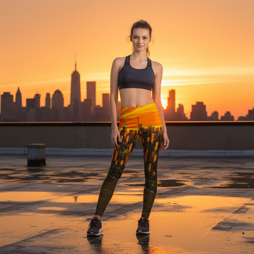 Woman in athletic wear standing on a rooftop wearing Loria NYC Art city skyline leggings at sunset.