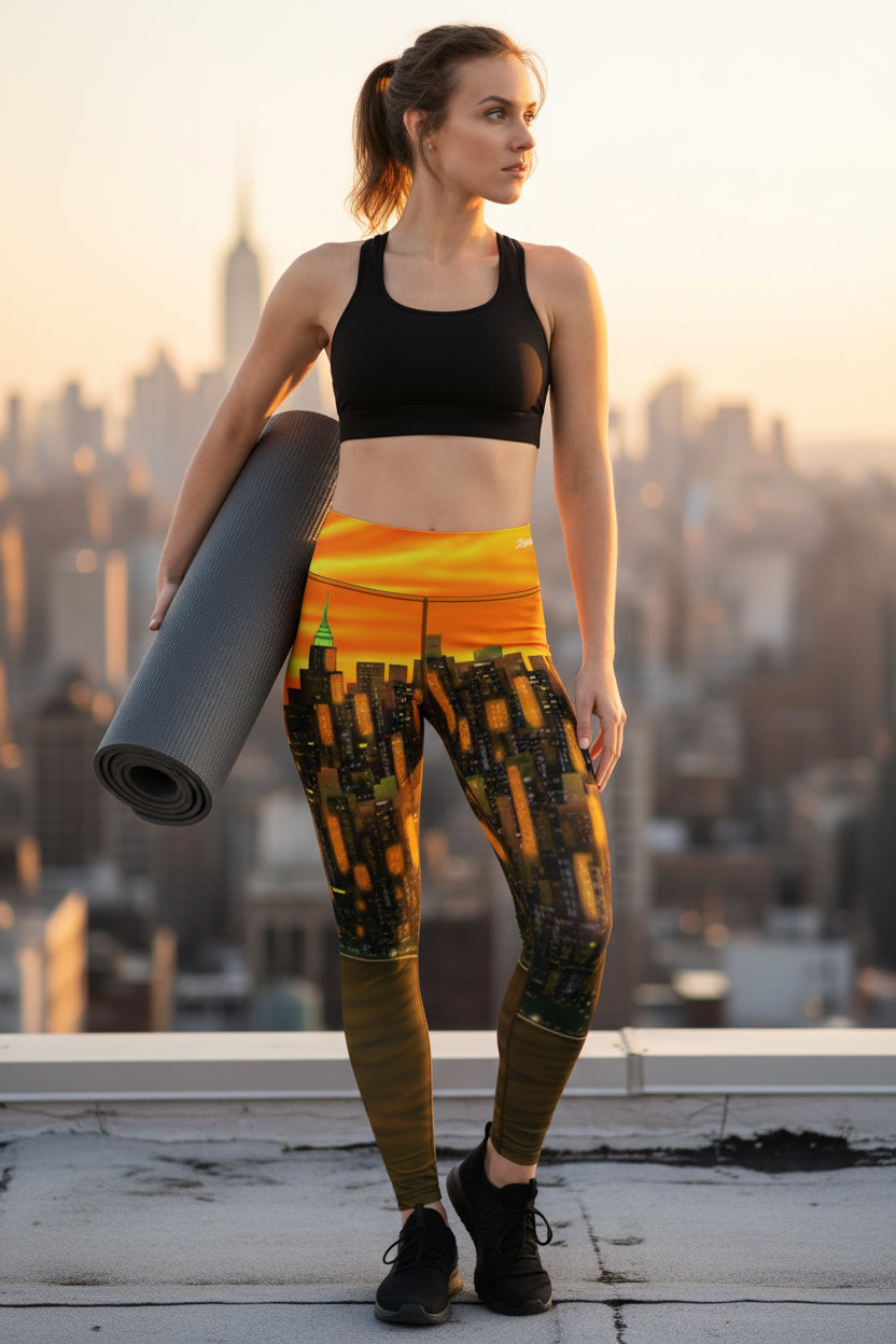 Woman holding a yoga mat wearing colorful Loria NYC Art leggings and a white sports bra.