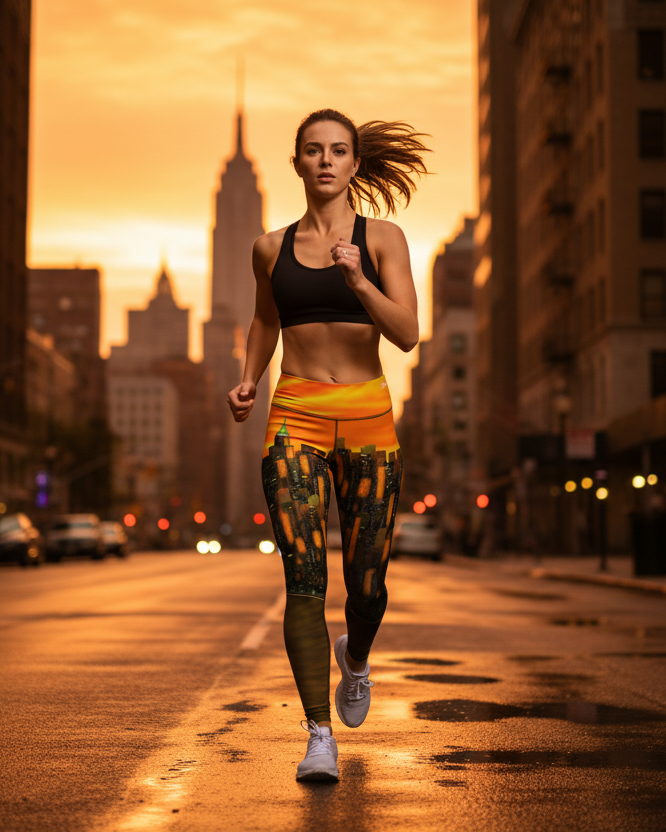 Woman running on a city street wearing orange city Loria NYC Art leggings during sunset