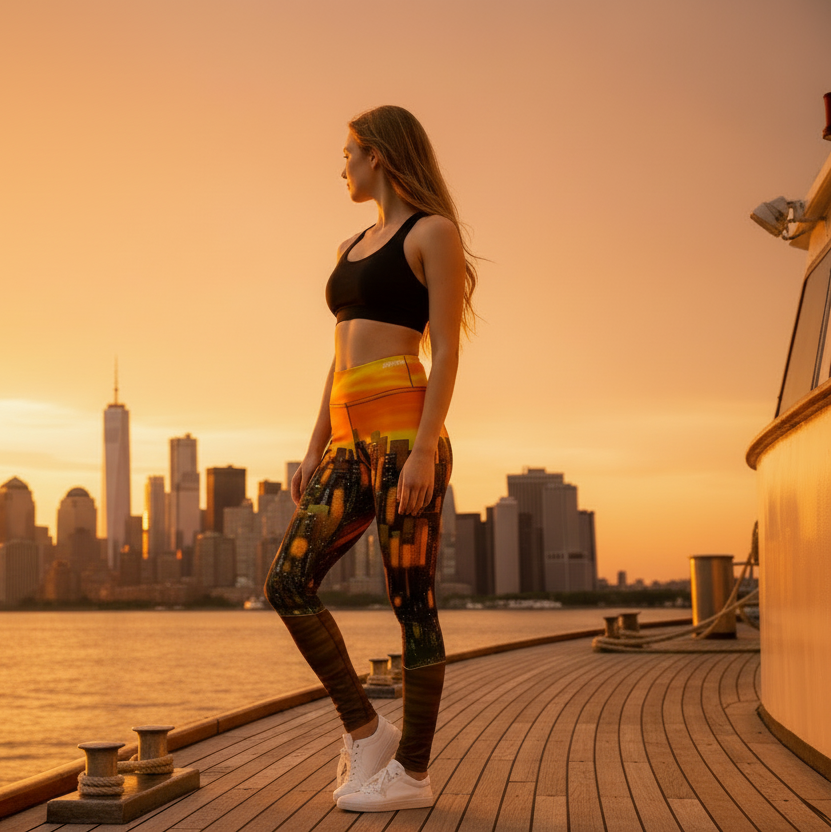 Woman standing on a dock with a city skyline and sunset in the background