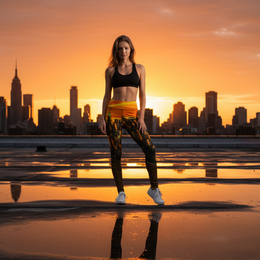 Woman standing on a rooftop wearing city skyline Loria NYC Art leggings with sunset in the background