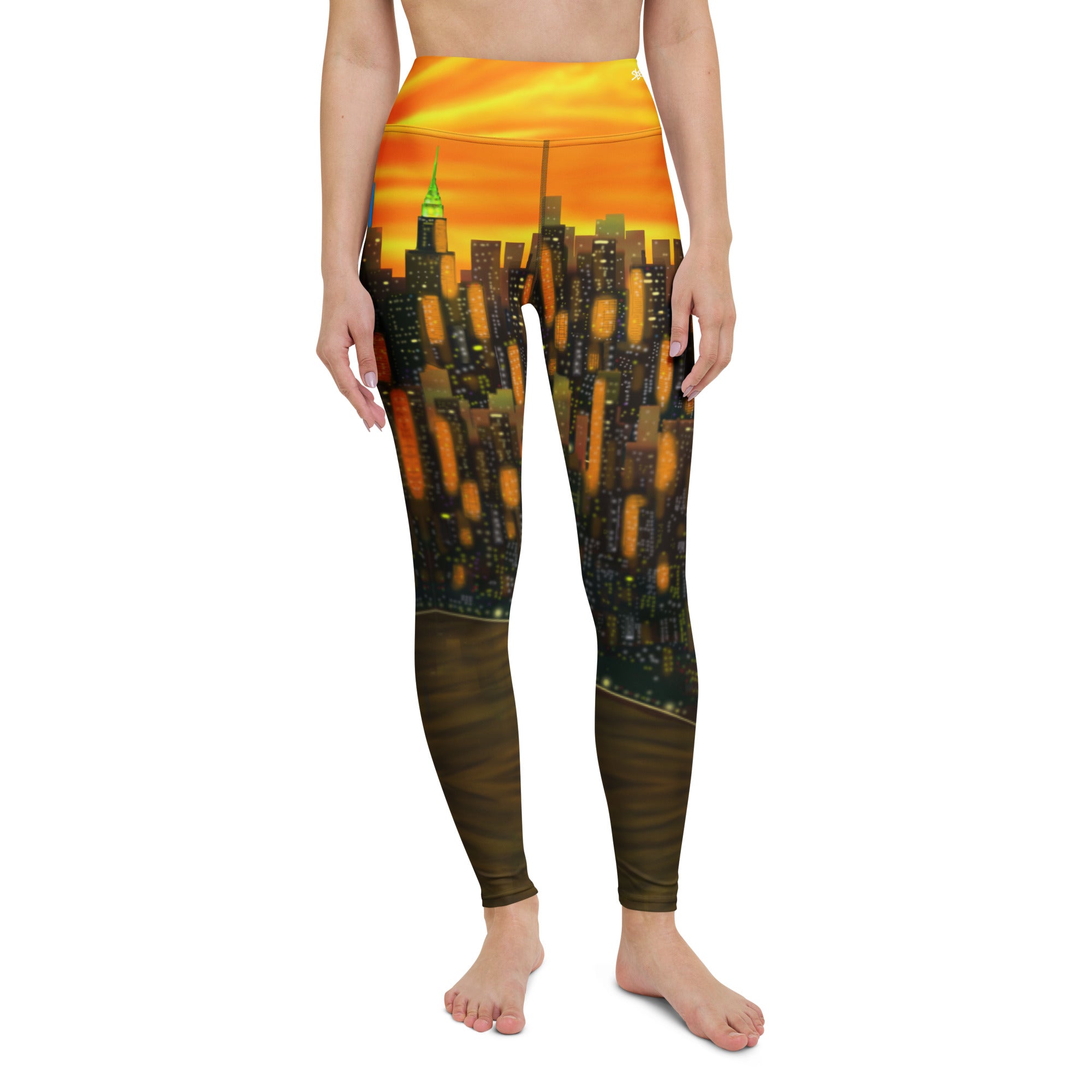 Front view of Leggings with a Loria NYC Art cityscape design on a white background