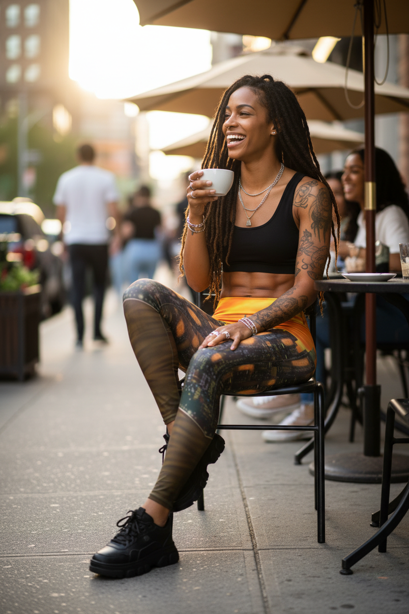 Lady having coffee sitting down in urban setting wearing colorful Loria NYC Art leggings 