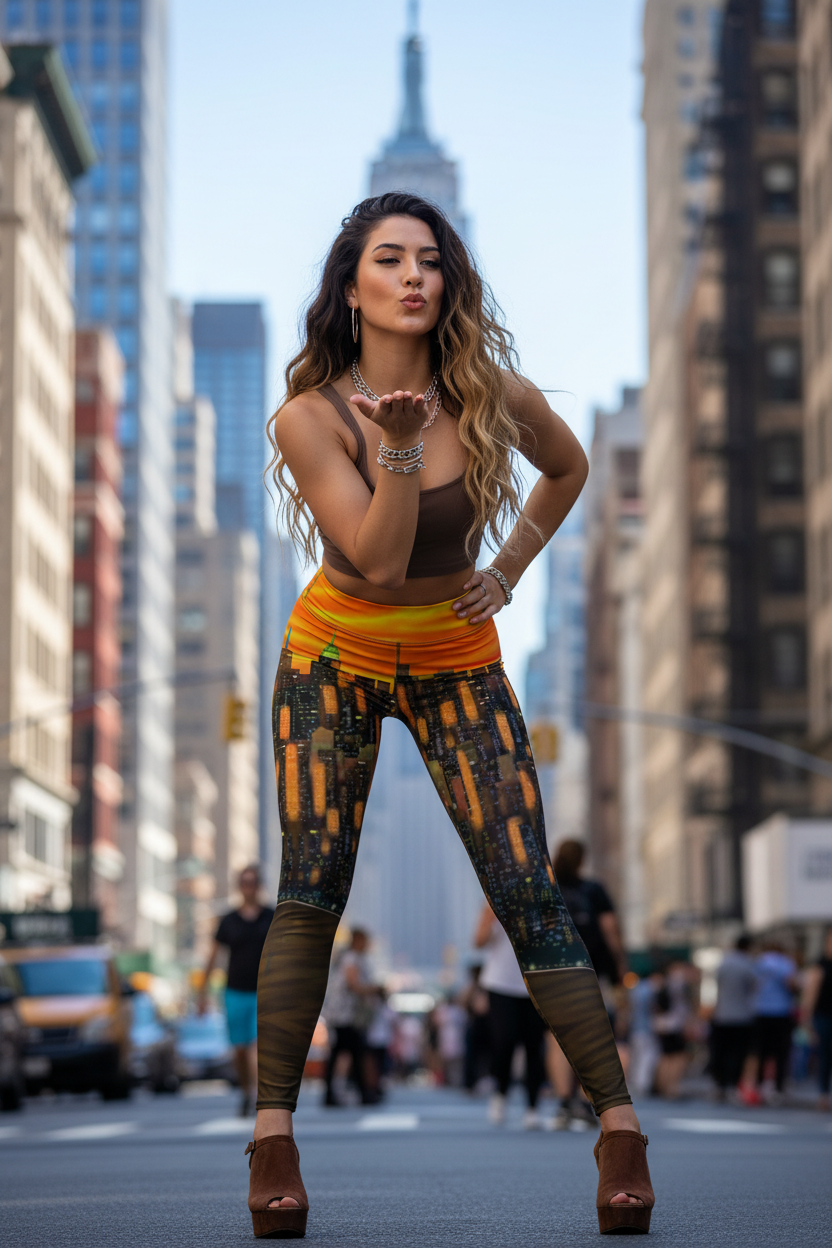 Woman wearing Loria NYC Art leggings posing in a city street with blurred background