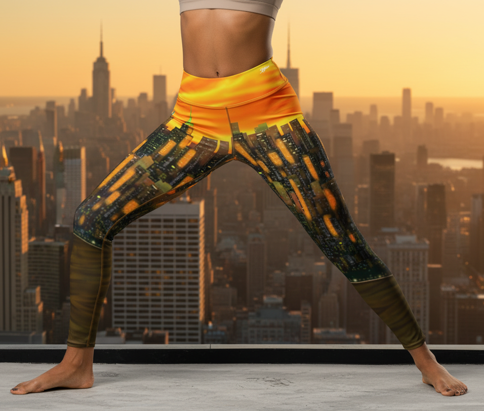 Person wearing colorful Loria NYC Art leggings with a cityscape background