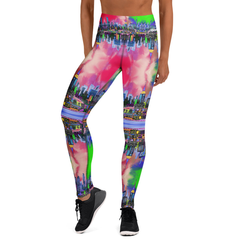 Multicolored tie-dye leggings designed by Loria NYC Art and worn by a person on a  white background