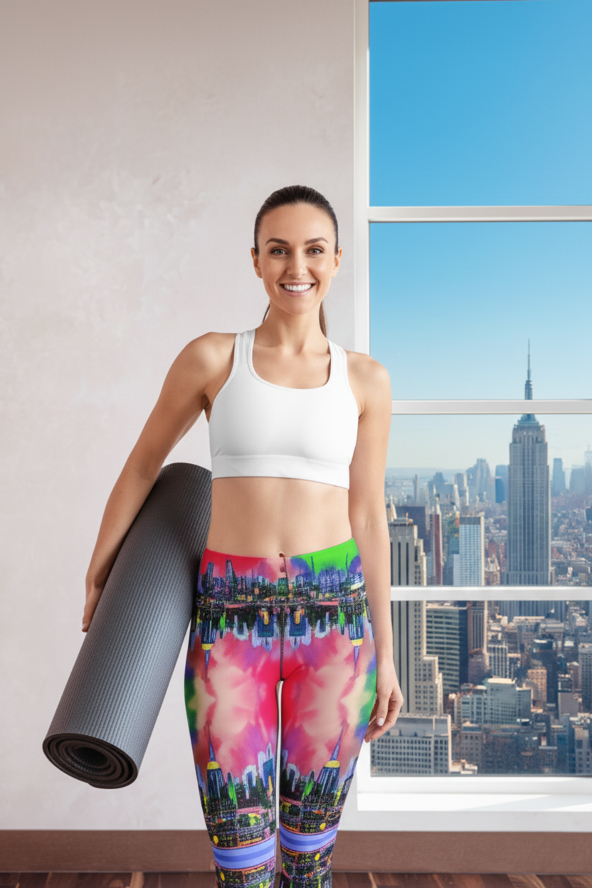 Woman in colorful Loria NYC Art leggings holding a yoga mat in a room with a cityscape view