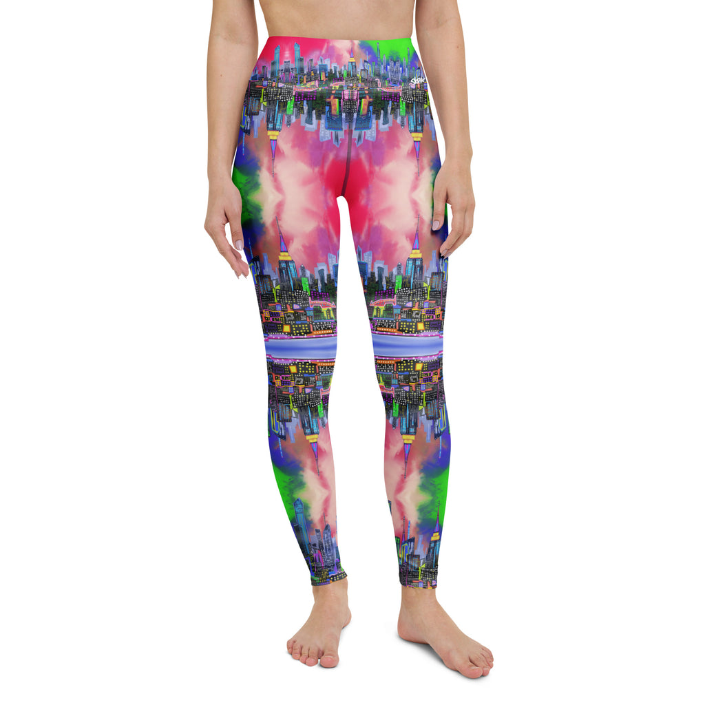 Leggings with a colorful Loria NYC Art cityscape design on a white background