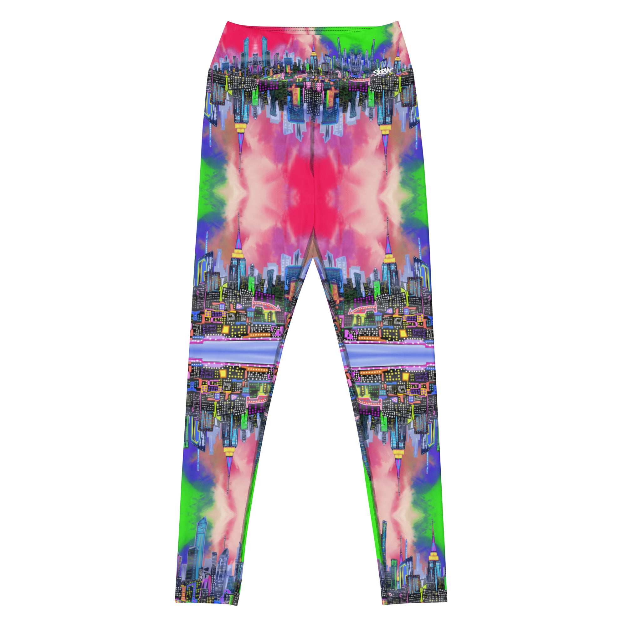 Colorful tie-dye leggings with a cityscape design by Loria NYC Art on  a white background