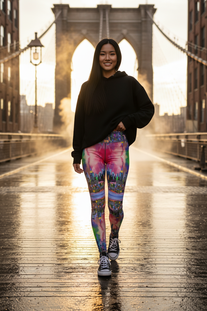 Person wearing a black hoodie and colorful Loria NYC Art leggings standing on a bridge with a cityscape background.