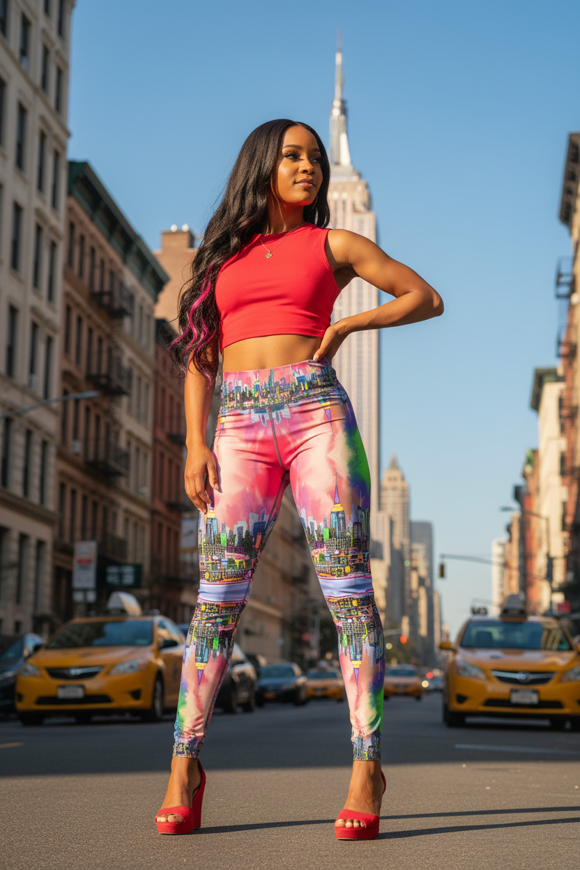 Woman in colorful Loria NYC Art leggings and red top standing on a city street with the Empire State Building in the background.