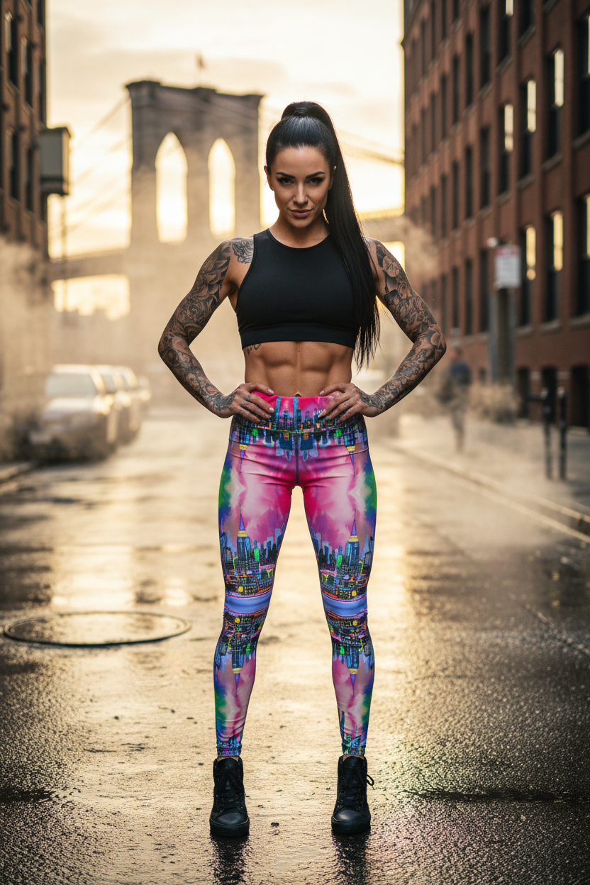 Woman in black sports bra and colorful Loria NYC Art leggings standing on a city street.