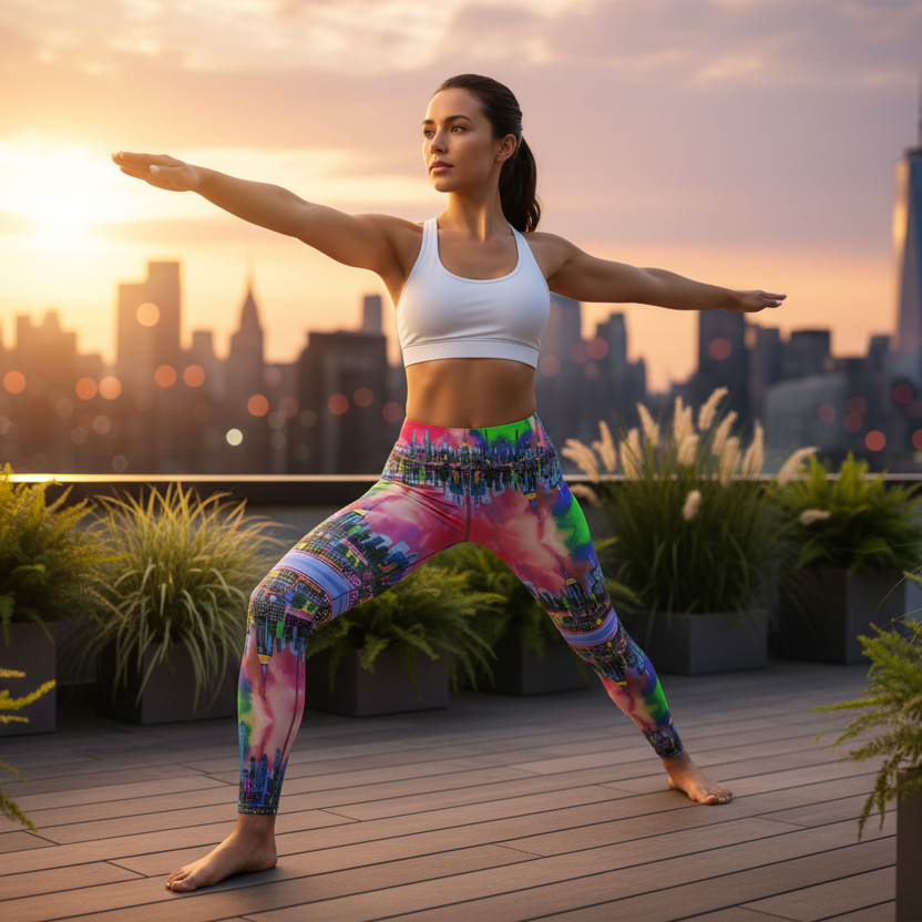 Woman practicing yoga on a rooftop wearing colorful city skyline Loria NYC Art leggings  