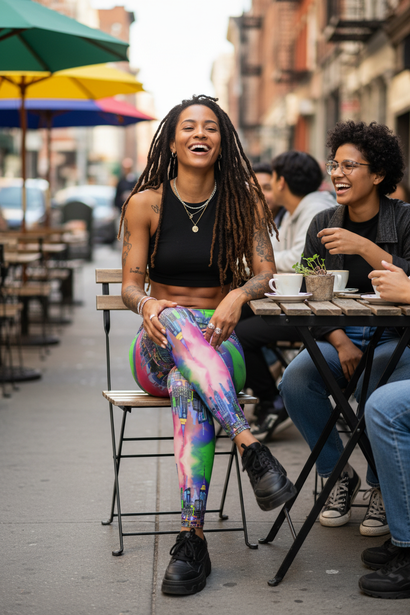 Girl wearing colorful Loria NYC Art leggings sitting with friends in urban setting 