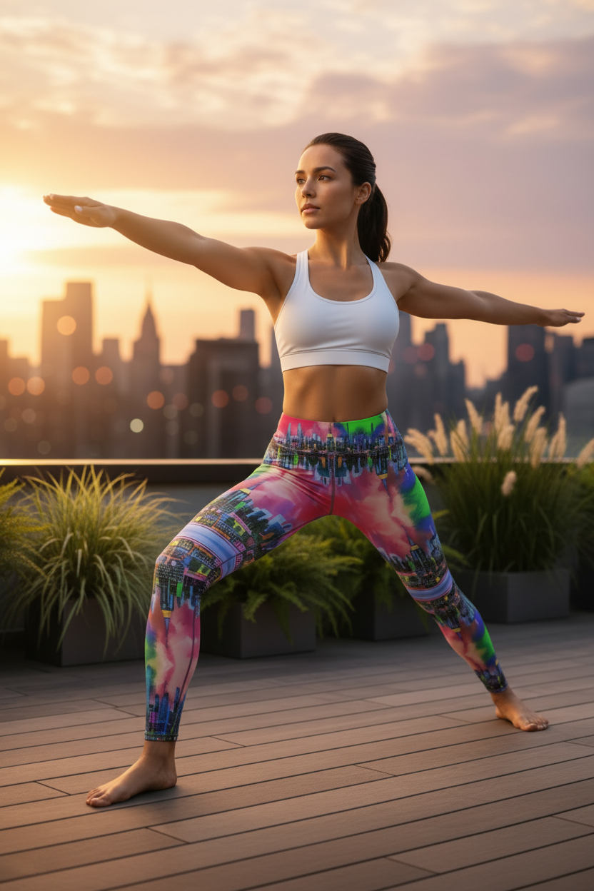 Woman in colorful Loria NYC Art leggings and white sports bra standing on a rooftop with a cityscape in the background