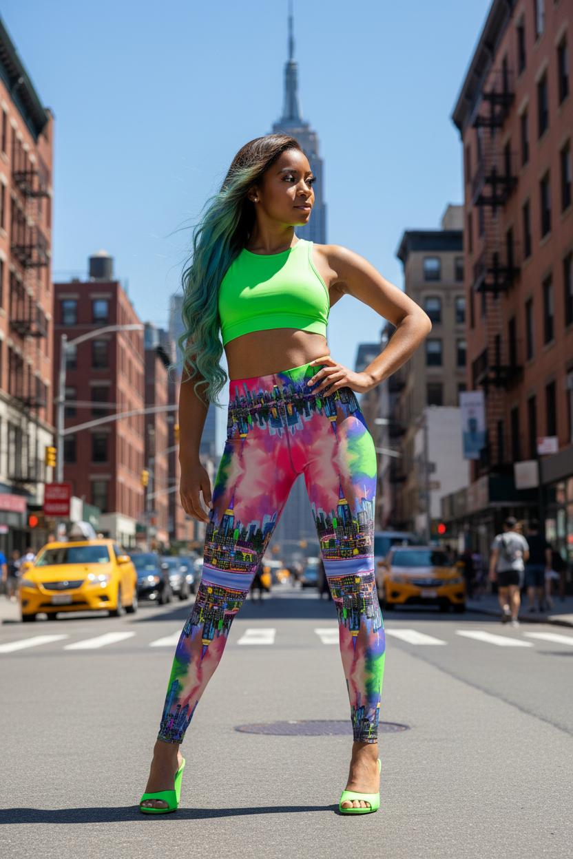 Woman in colorful Loria NYC Art outfit standing on a city street with the Empire State Building in the background