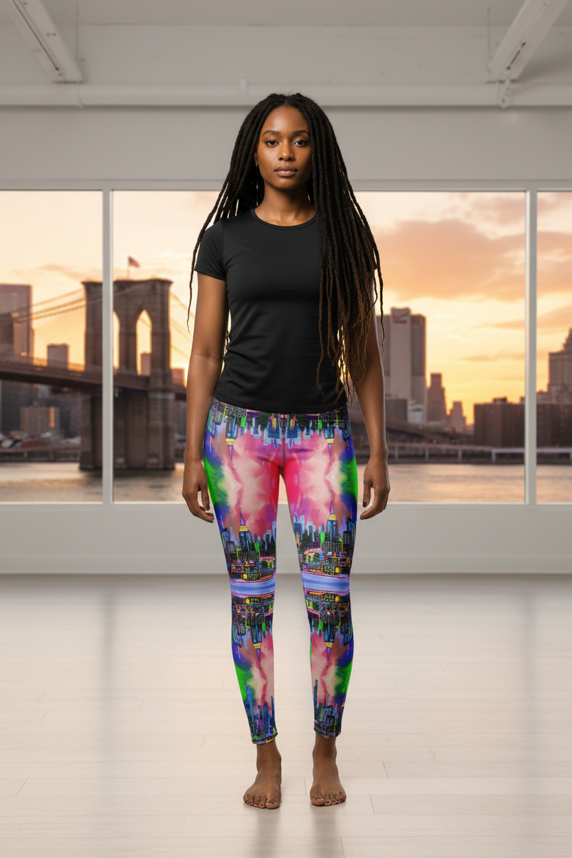 Person wearing colorful Loria NYC Art leggings with a cityscape design in an indoor setting.
