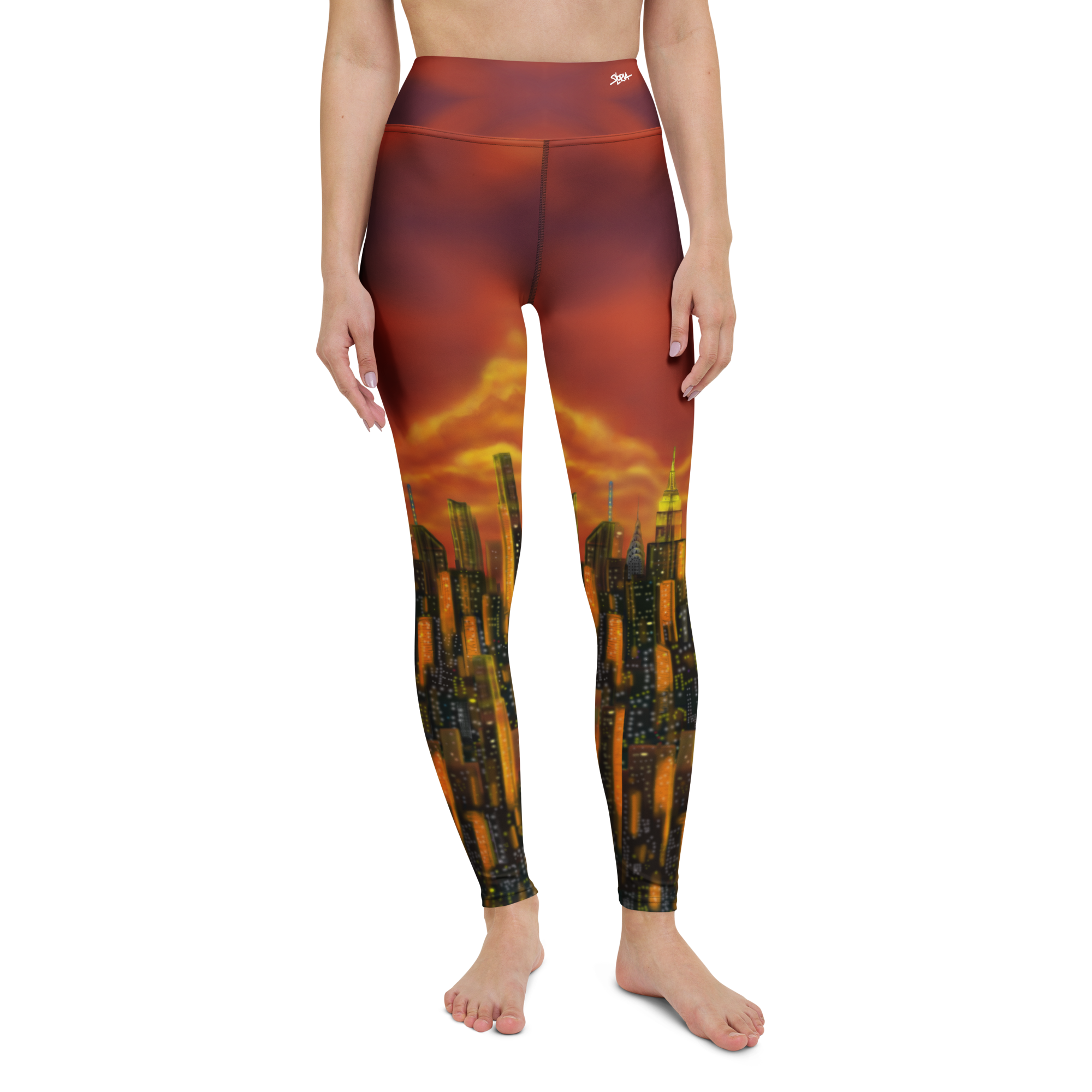 Leggings with a cityscape Loria NYC Art design on a white background
