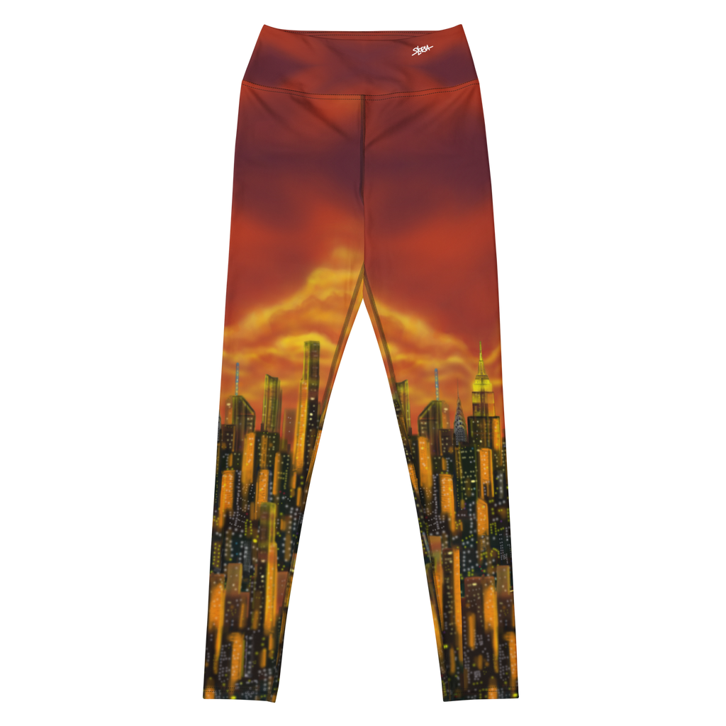 Leggings with a Loria NYC Art cityscape design on a white background