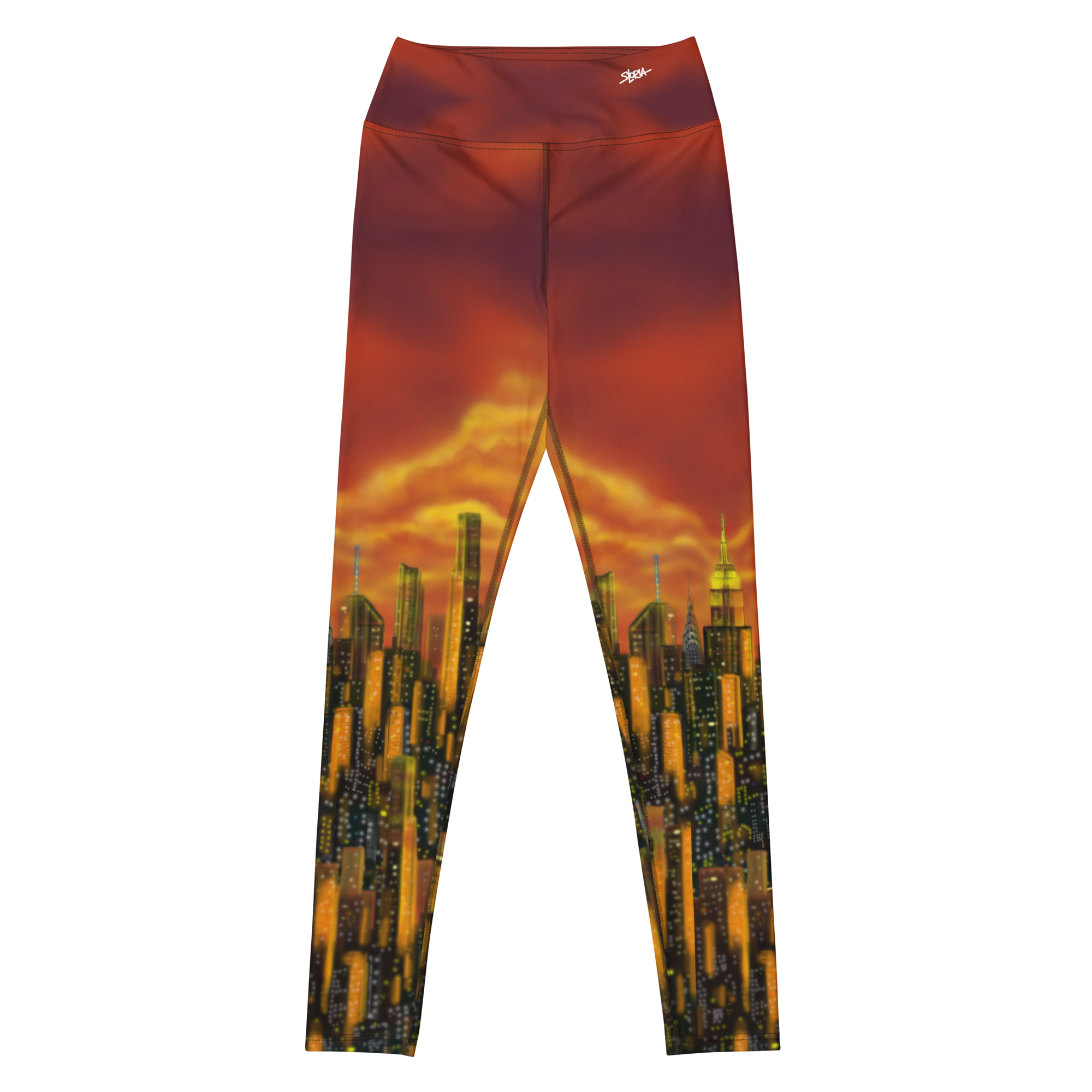 Leggings with a Loria NYC Art cityscape design on a white background