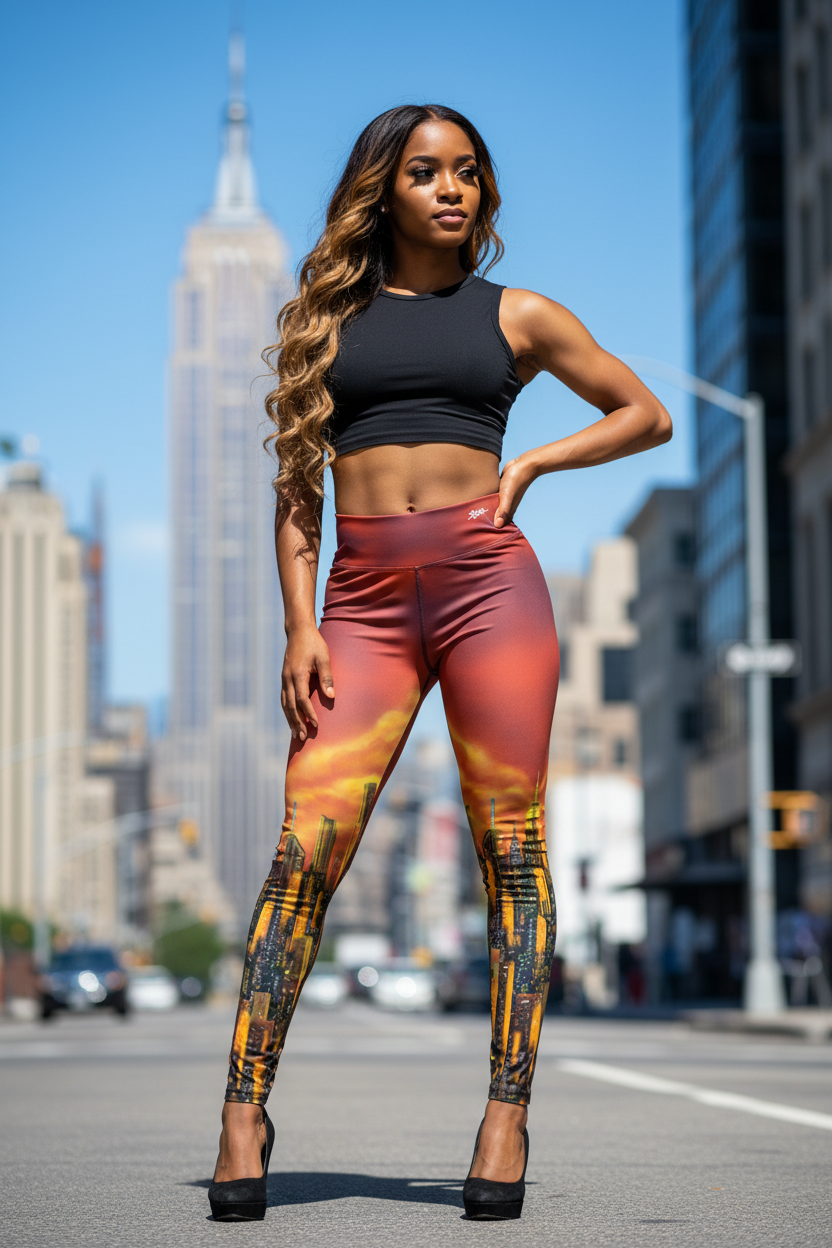 Woman wearing colorful Loria NYC Art leggings and black top in an urban setting with skyscrapers.