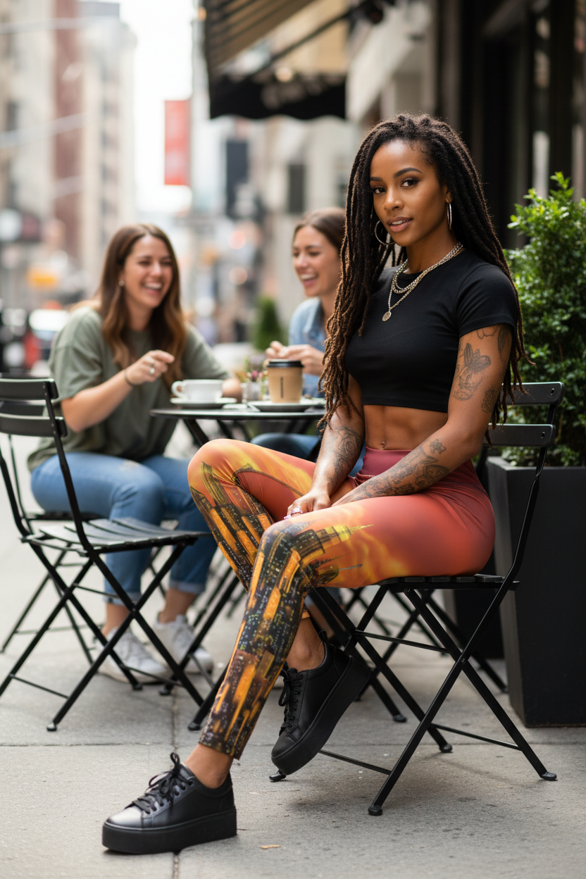 Woman sitting outdoors at a cafe with friends, wearing a black top and Loria NYC Art colorful leggings.