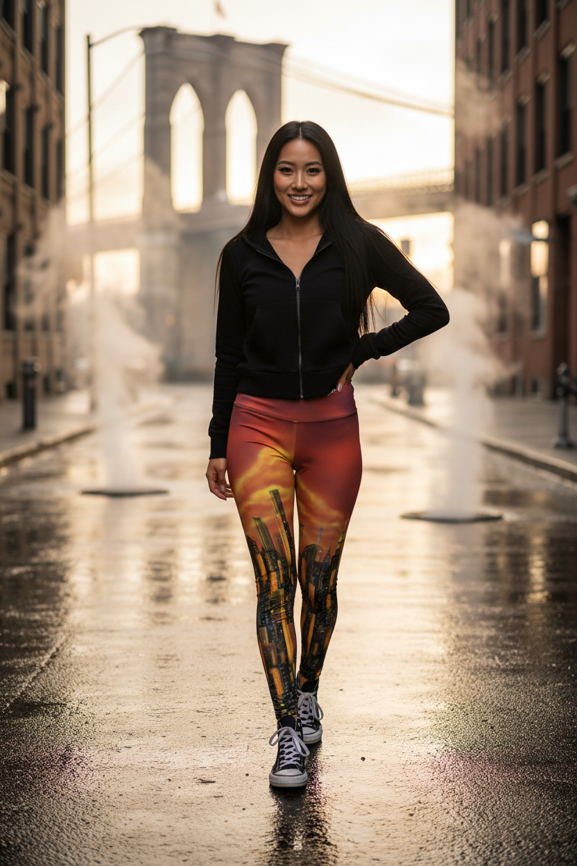 Woman in black jacket and colorful Loria NYC Art leggings standing on a wet street with a bridge in the background