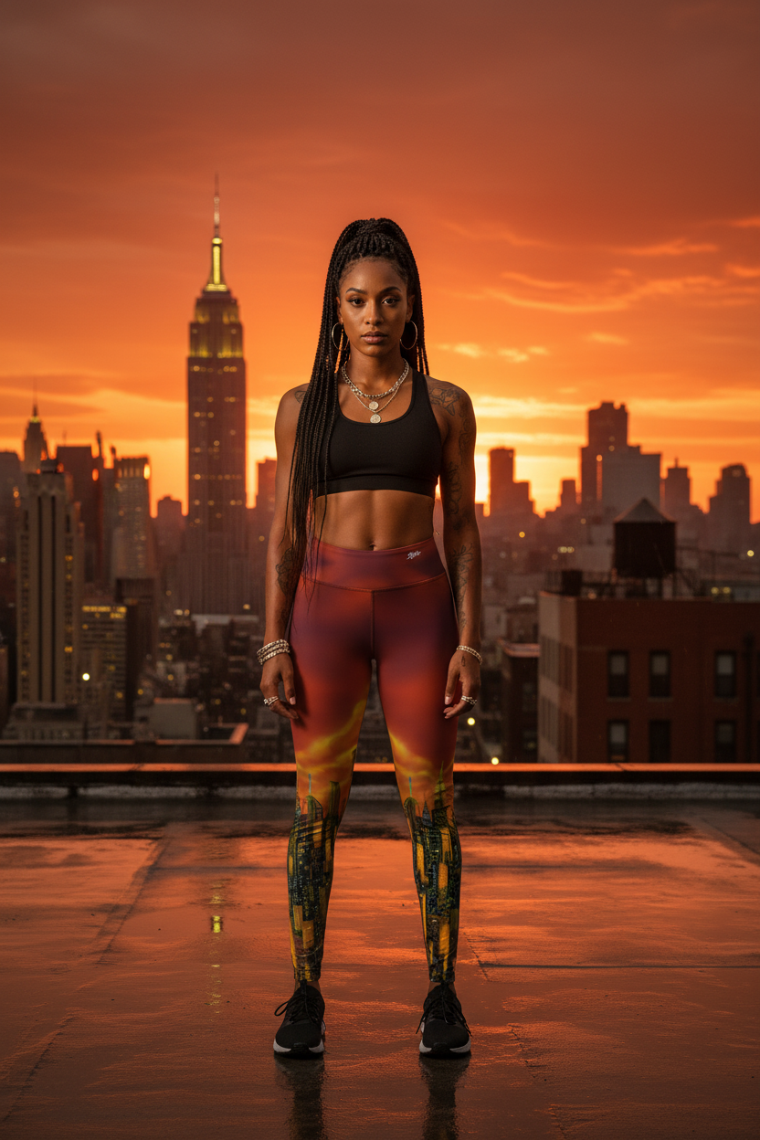 Woman in athletic Loria NYC Art wear standing on a rooftop with a city skyline and sunset in the background