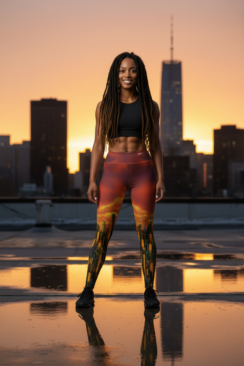 Woman wearing Loria NYC Art leggings standing on a rooftop with a city skyline at sunset