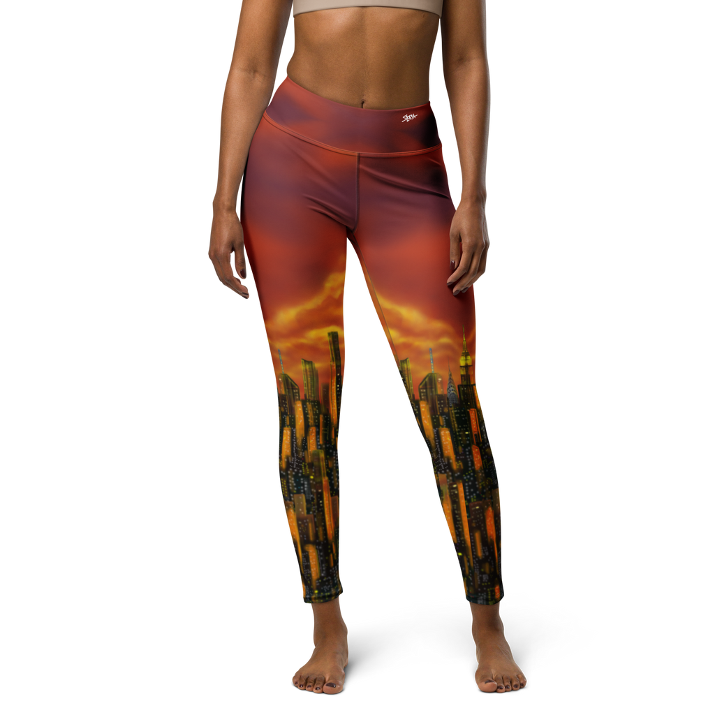 Leggings with a Loria NYC Art landscape design worn by a model on a white background