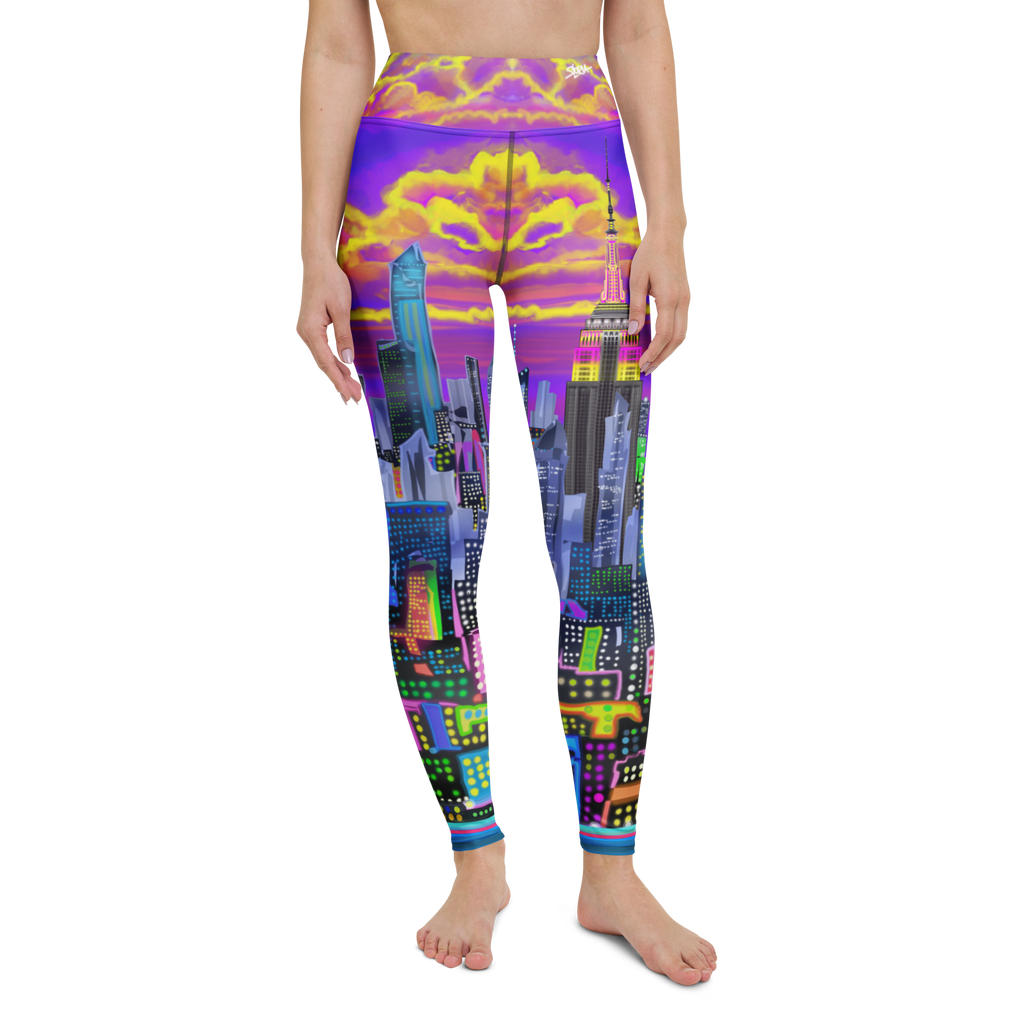 Colorful cityscape Loria NYC Art leggings worn by a person on a white background